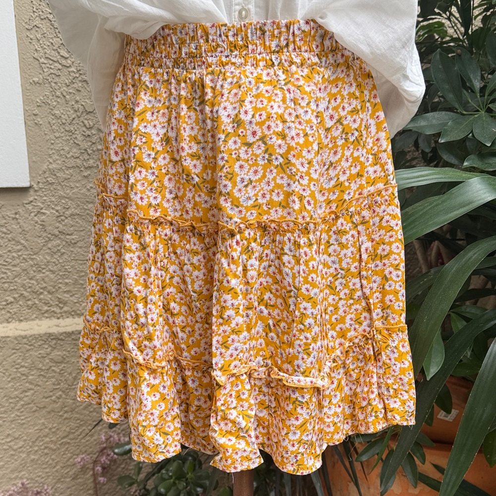 Vintage Floral Yellow Soft Cotton Skirt with Stretchy Waist